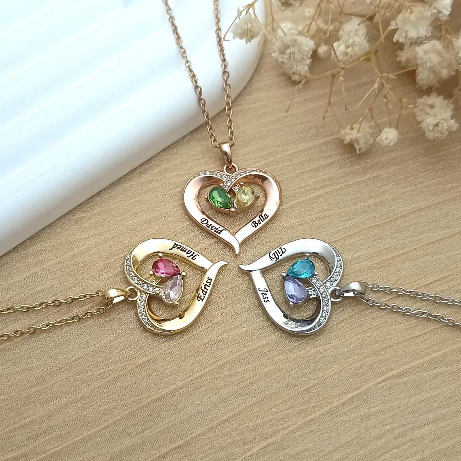 Personalized Birthstone Necklace • Heart Birthstone Necklace • Heart Necklace • Custom Name Necklace • Gifts for Mom • Gifts for Her