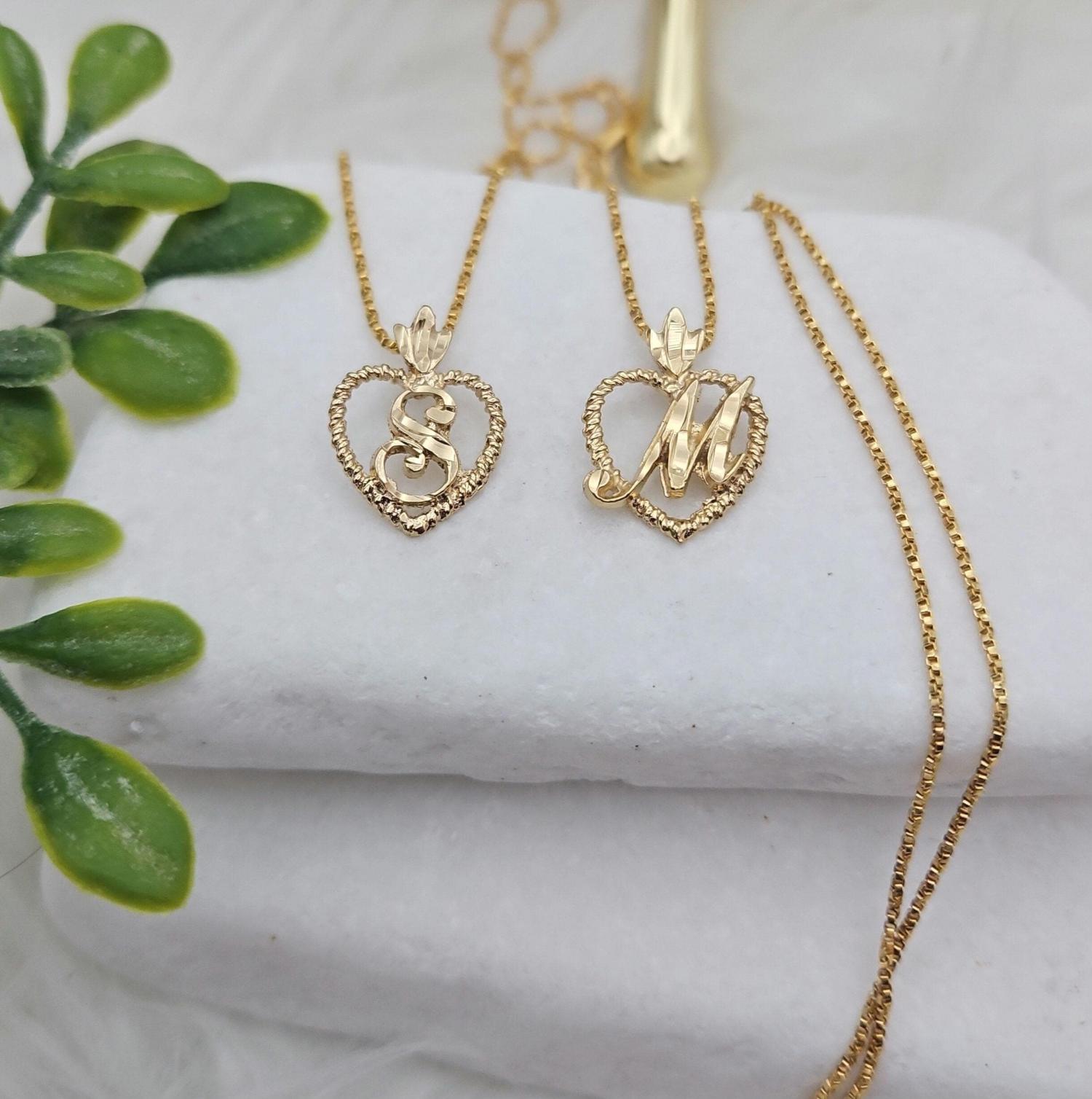 Initial Necklace: Diamond Cut Heart Pendant, 14k Heavy Plated Gold