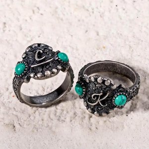 Personalized Cattle Brand Ring Custom South Western Jewelry Ranch Logo Band Boho Turquoise Gemstone Dainty Silver Initial Cowgirl Gift Her