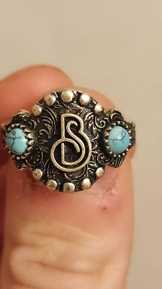 Personalized Cattle Brand Ring Custom South Western Jewelry Ranch Logo Band Boho Turquoise Gemstone Dainty Silver Initial Cowgirl Gift Her