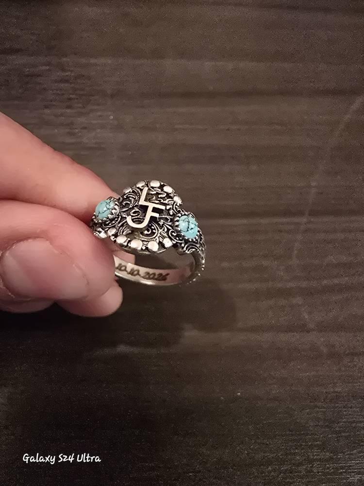 Personalized Cattle Brand Ring Custom South Western Jewelry Ranch Logo Band Boho Turquoise Gemstone Dainty Silver Initial Cowgirl Gift Her