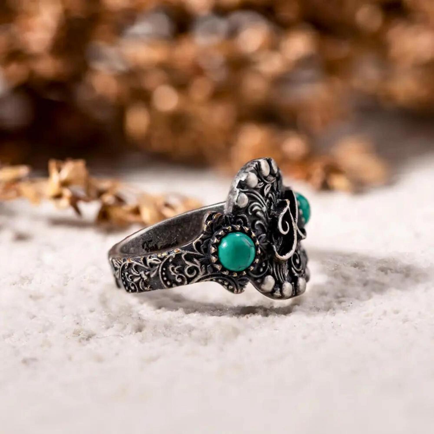 Personalized Cattle Brand Ring Custom South Western Jewelry Ranch Logo Band Boho Turquoise Gemstone Dainty Silver Initial Cowgirl Gift Her