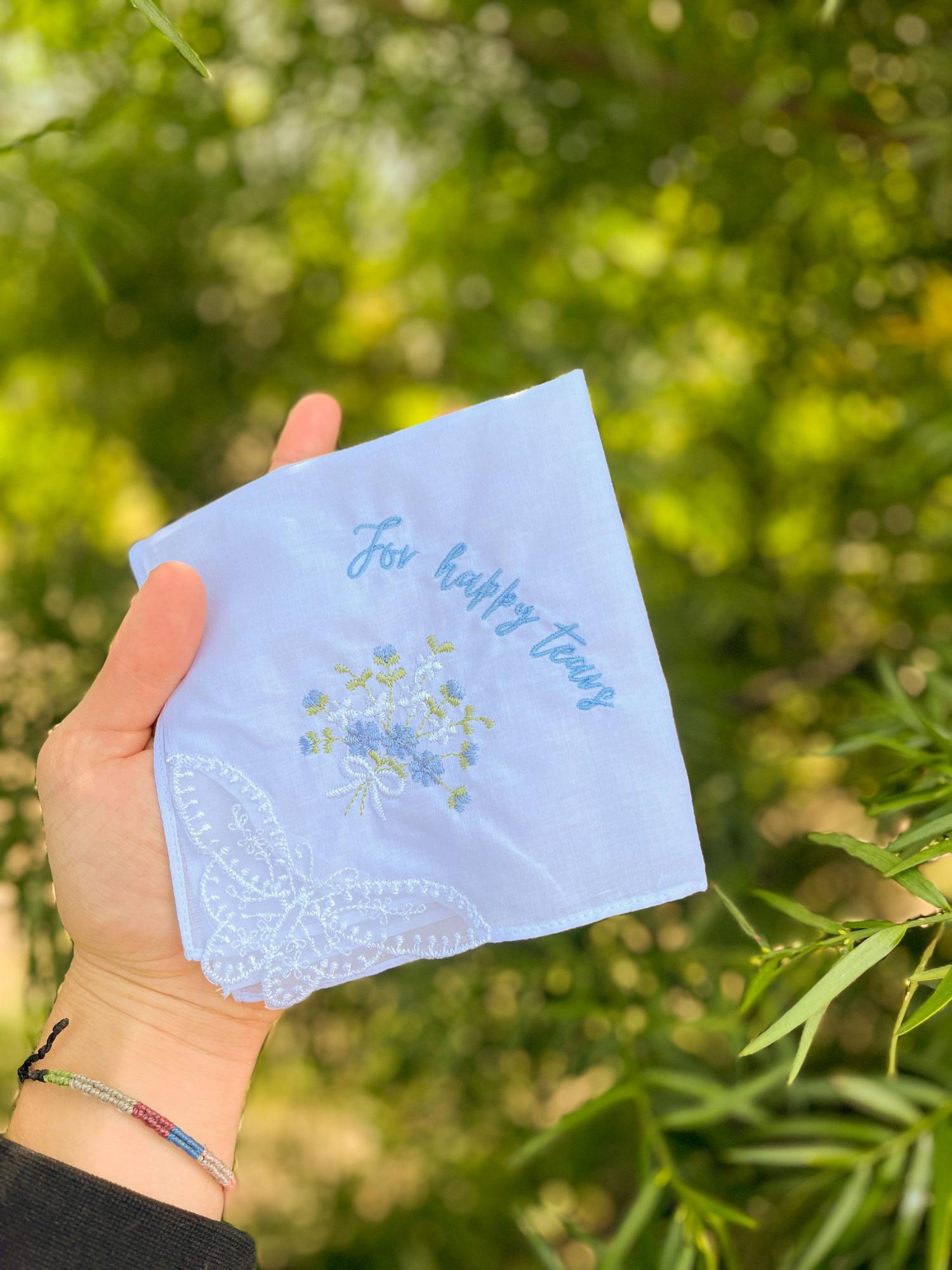 Custom Wedding Flower Handkerchief 'For Happy Tears' - Personalized Bridal Hankie - Choose Thread Color - Emotional Day Keepsake