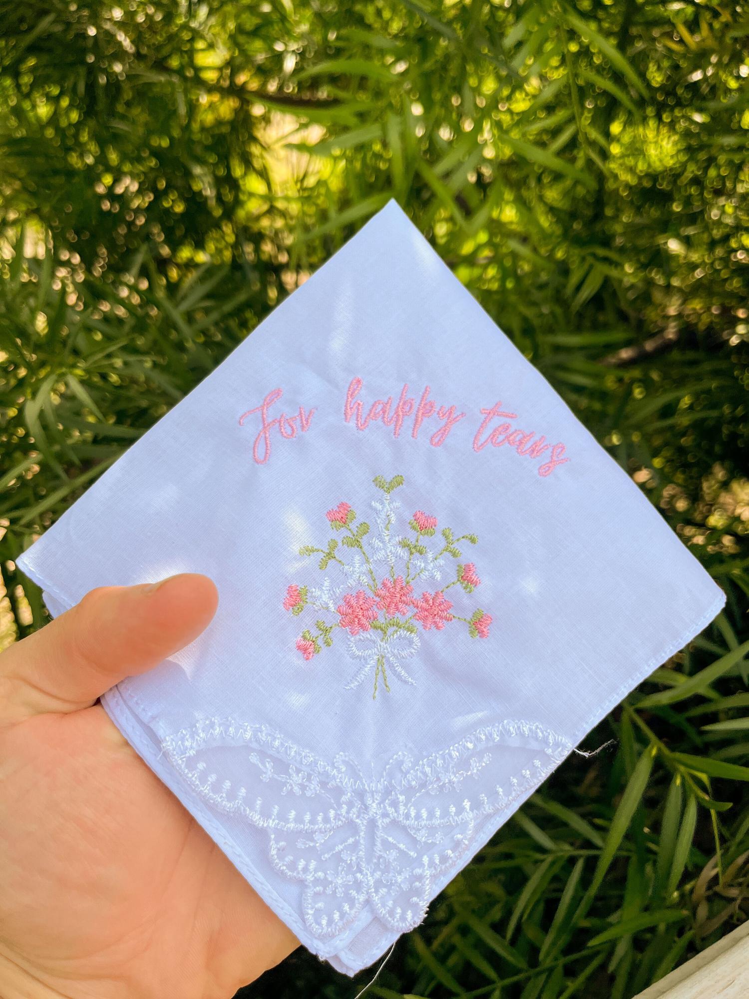 Custom Wedding Flower Handkerchief 'For Happy Tears' - Personalized Bridal Hankie - Choose Thread Color - Emotional Day Keepsake