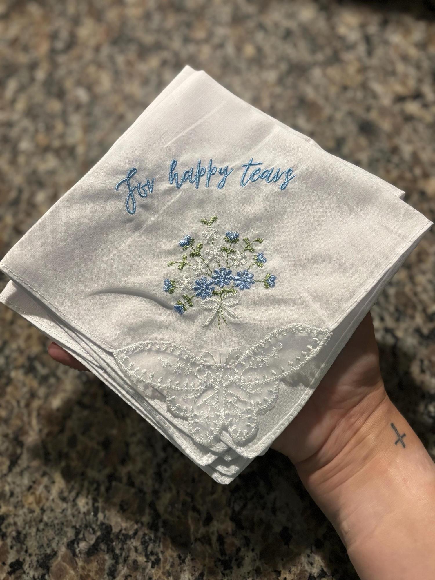 Custom Wedding Flower Handkerchief 'For Happy Tears' - Personalized Bridal Hankie - Choose Thread Color - Emotional Day Keepsake