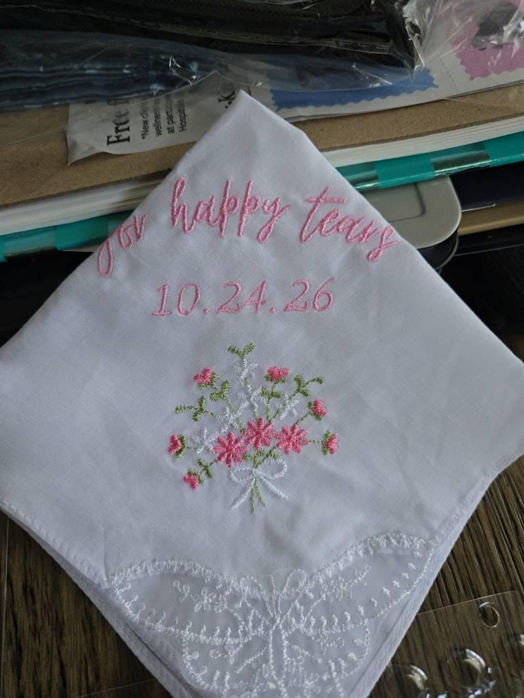 Custom Wedding Flower Handkerchief 'For Happy Tears' - Personalized Bridal Hankie - Choose Thread Color - Emotional Day Keepsake