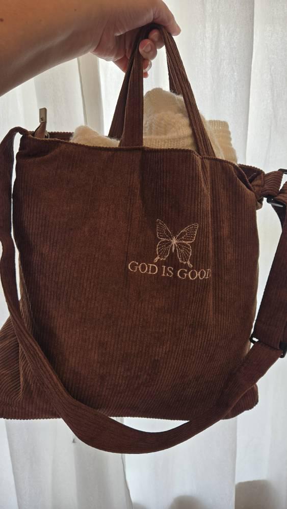 Embroidered Christian Corduroy Tote Bag Bible Study Shoulder Bag with Zipper Brown God Is Good Imago Dei Crossbody Butterfly Handbag