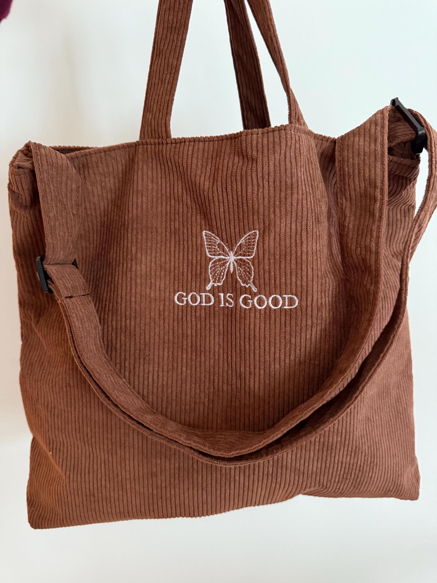 Embroidered Christian Corduroy Tote Bag Bible Study Shoulder Bag with Zipper Brown God Is Good Imago Dei Crossbody Butterfly Handbag