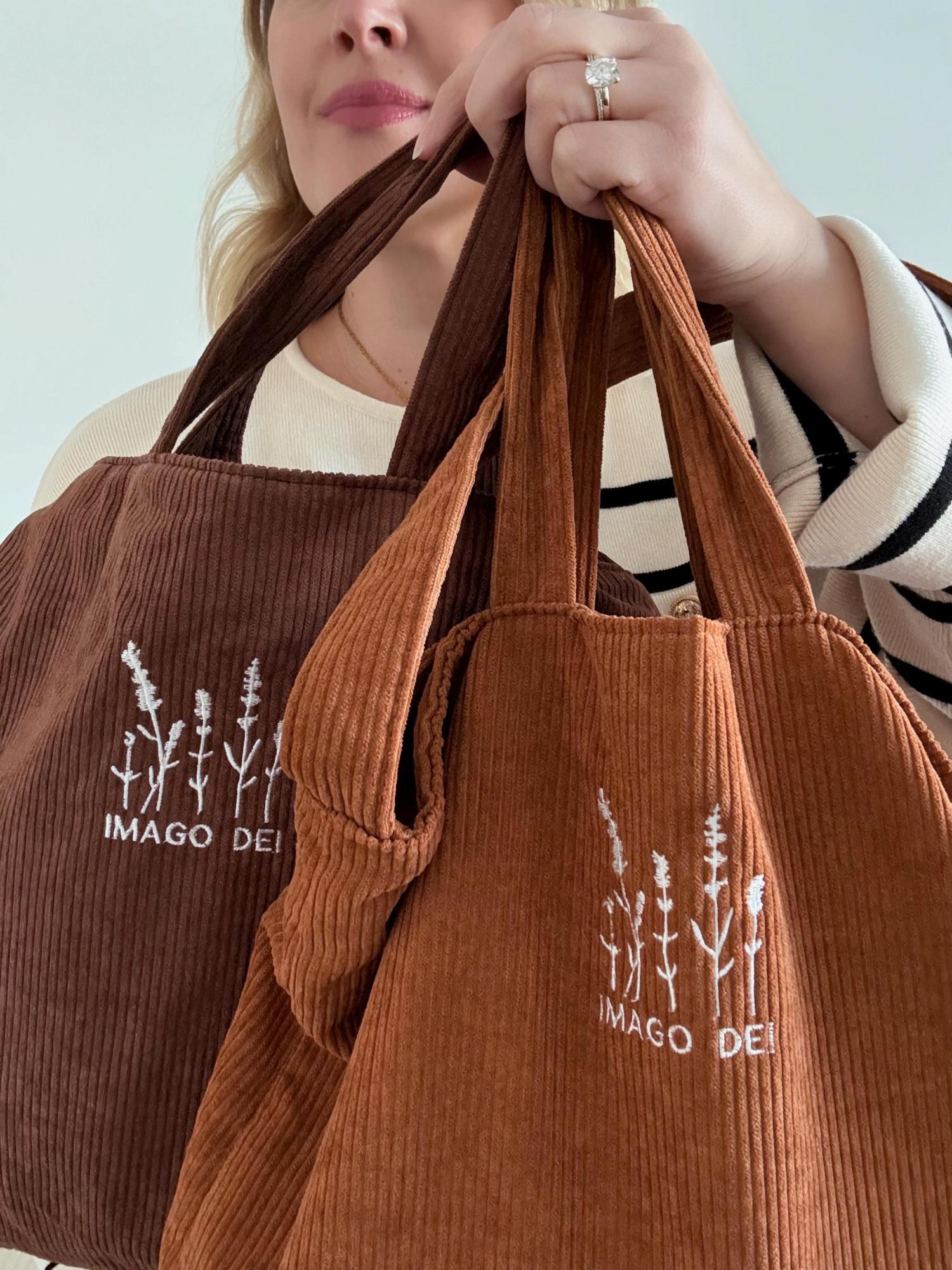 Embroidered Christian Corduroy Tote Bag Bible Study Shoulder Bag with Zipper Brown God Is Good Imago Dei Crossbody Butterfly Handbag