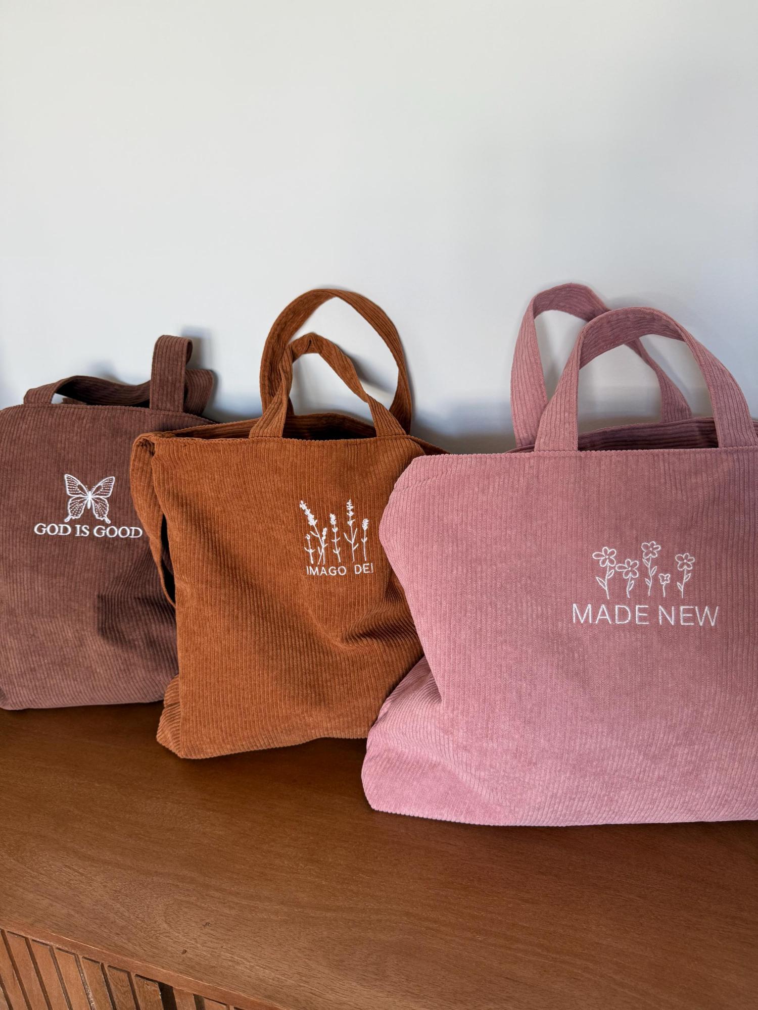 Embroidered Christian Corduroy Tote Bag Bible Study Shoulder Bag with Zipper Brown God Is Good Imago Dei Crossbody Butterfly Handbag