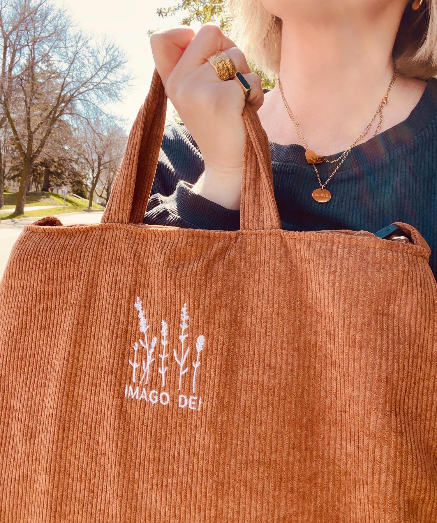 Embroidered Christian Corduroy Tote Bag Bible Study Shoulder Bag with Zipper Brown God Is Good Imago Dei Crossbody Butterfly Handbag