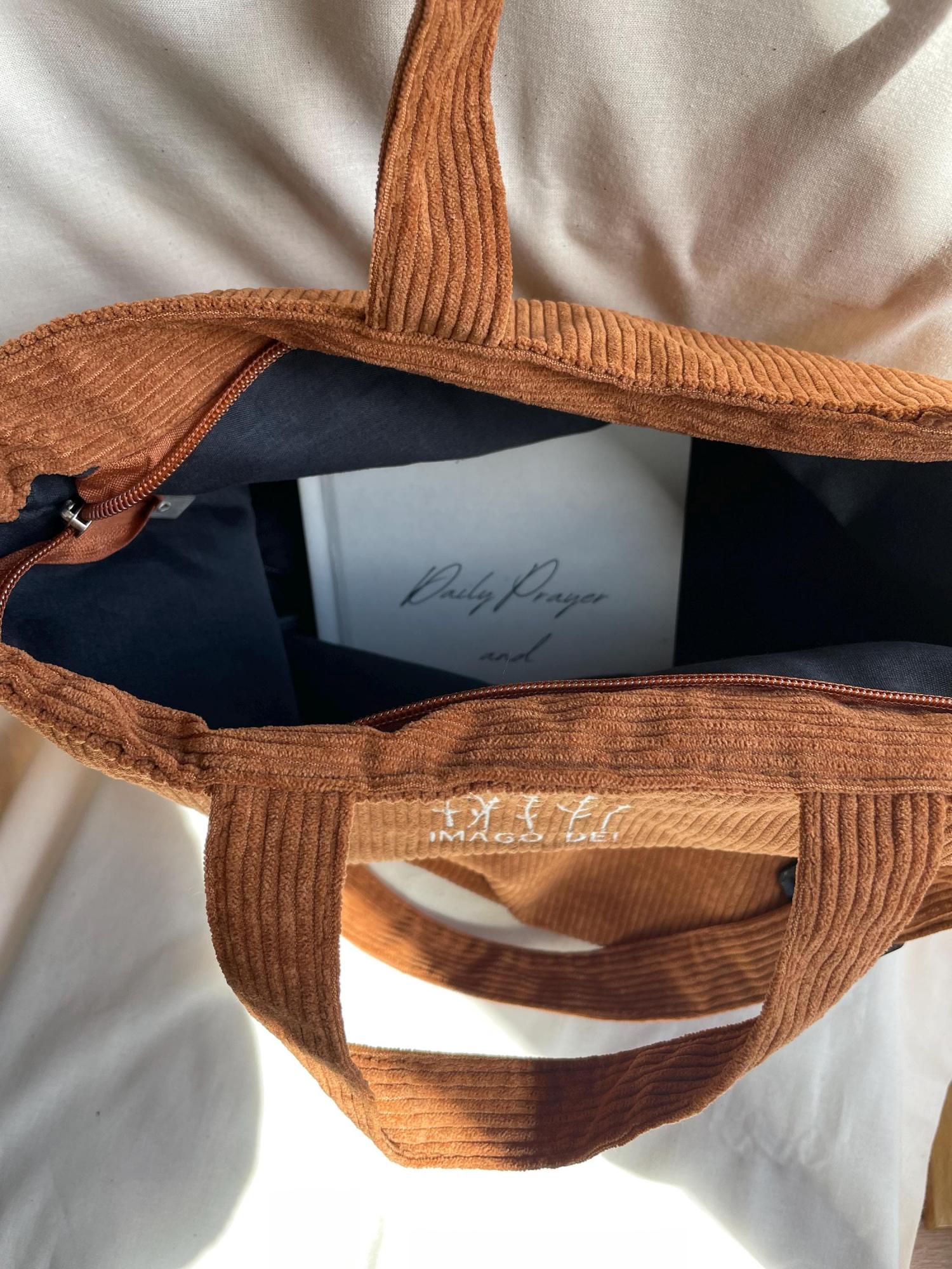 Embroidered Christian Corduroy Tote Bag Bible Study Shoulder Bag with Zipper Brown God Is Good Imago Dei Crossbody Butterfly Handbag