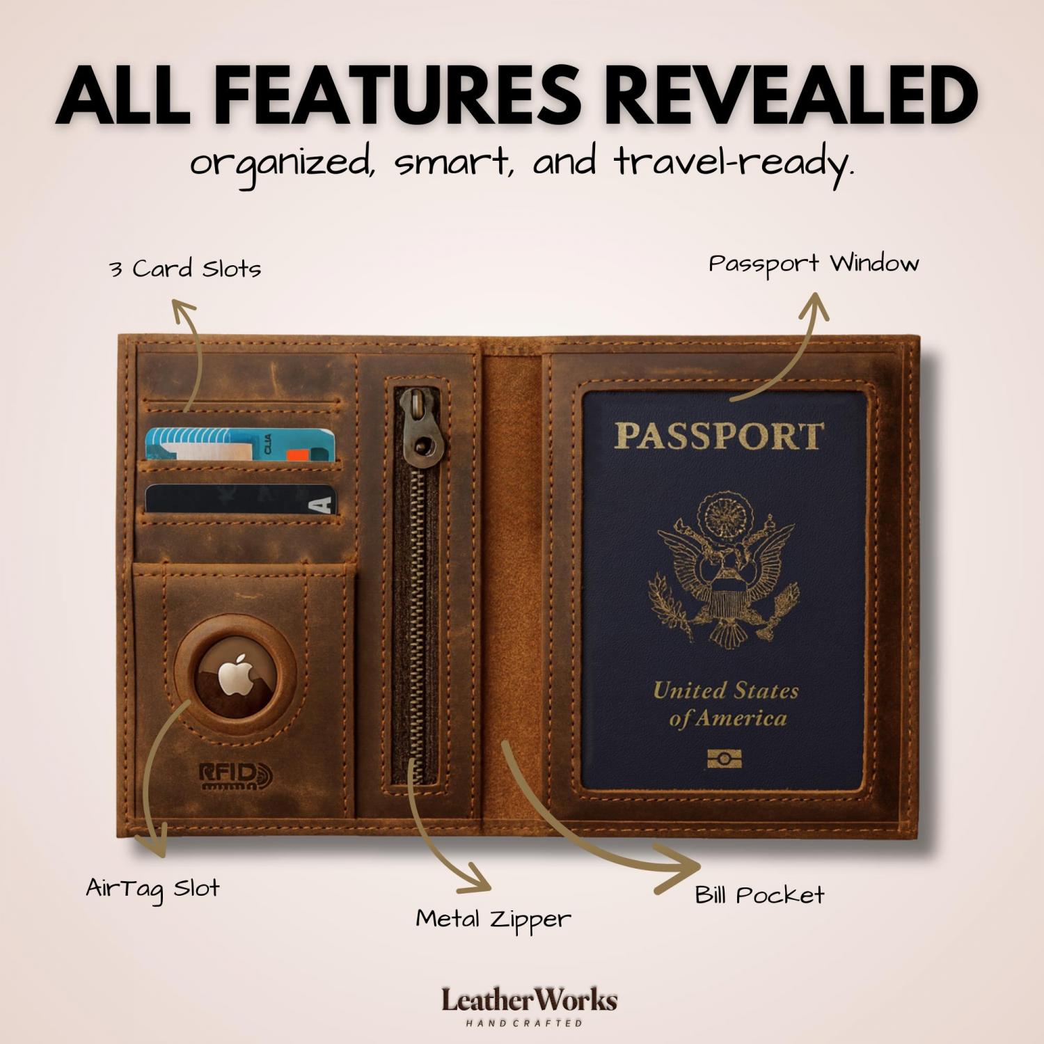 Personalized AirTag Genuine Leather Passport Holder: RFID Blocking Travel Wallet, Custom made