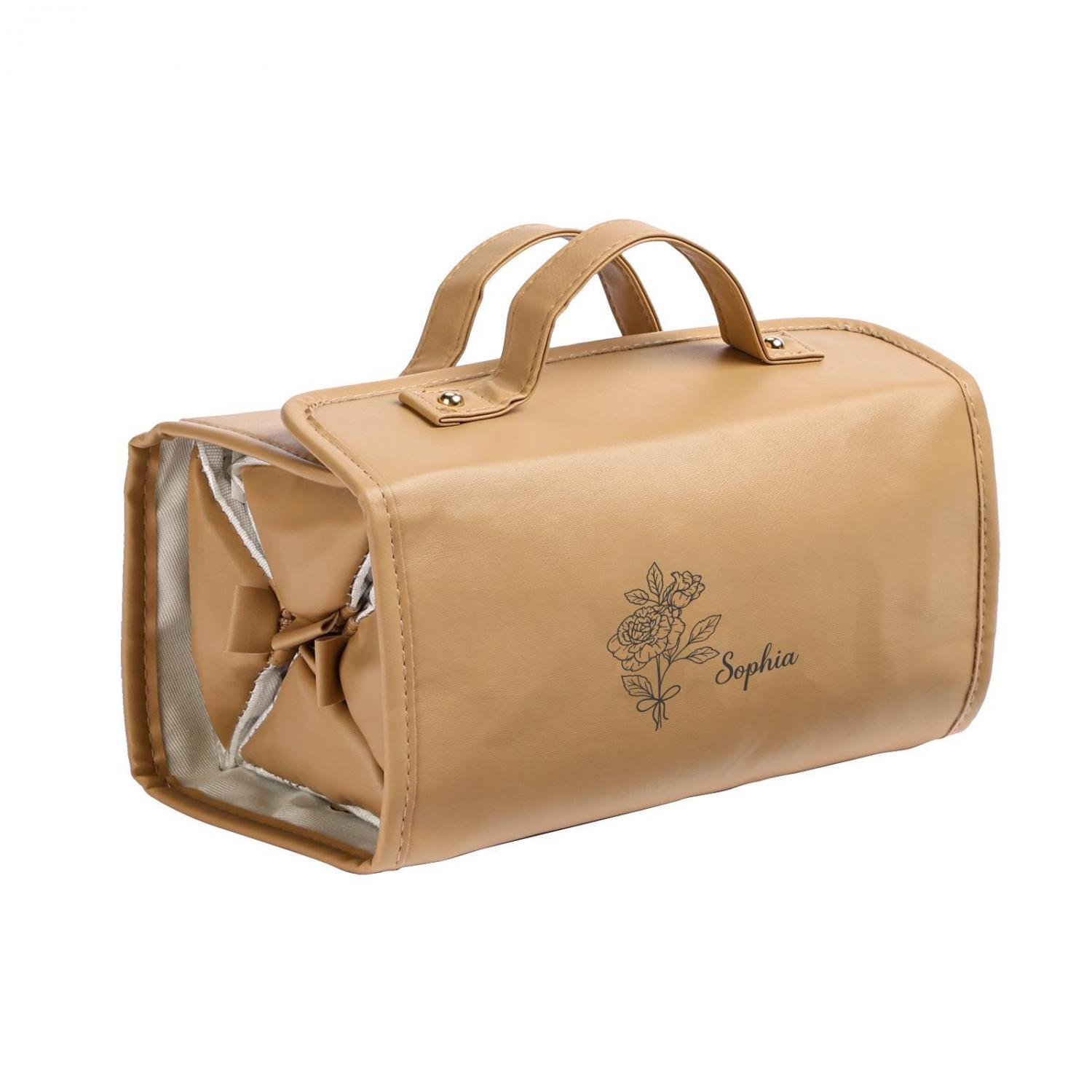 Custom Women's Travel Makeup Bag, Personalized PU Leather Cosmetic Bag with Name & Birth Flower,Foldable Hanging Toiletry Bag, Birthday Gift