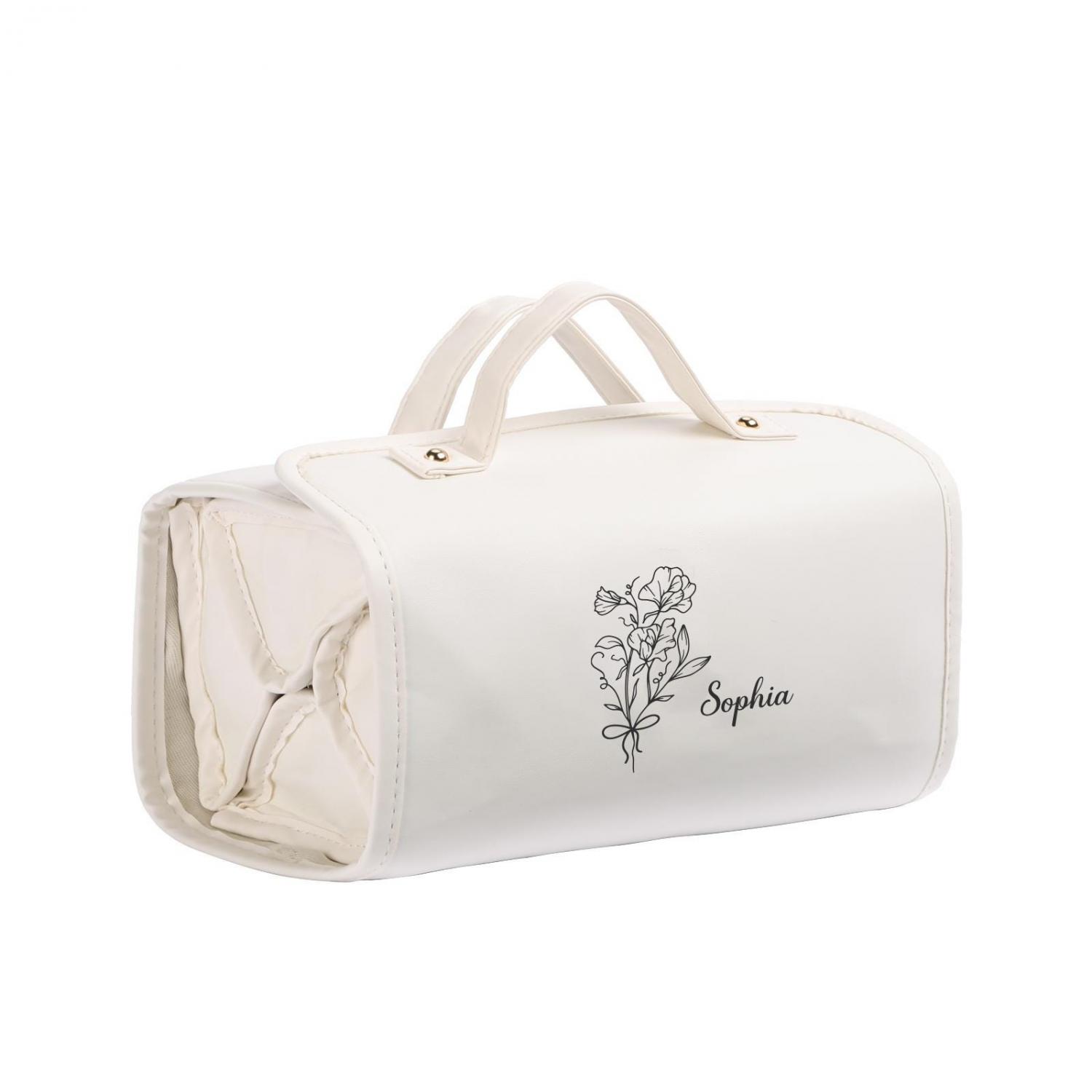Custom Women's Travel Makeup Bag, Personalized PU Leather Cosmetic Bag with Name & Birth Flower,Foldable Hanging Toiletry Bag, Birthday Gift