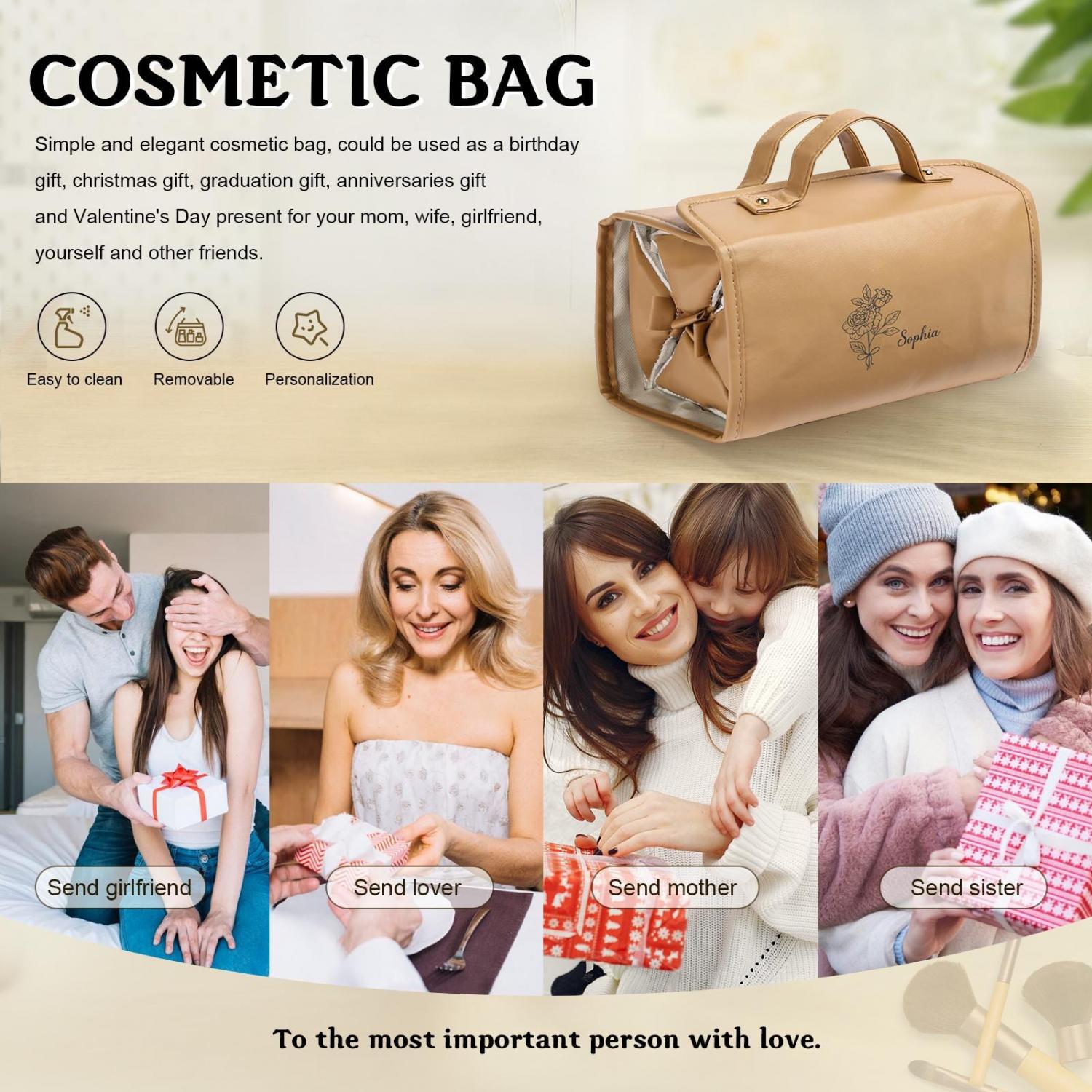 Custom Women's Travel Makeup Bag, Personalized PU Leather Cosmetic Bag with Name & Birth Flower,Foldable Hanging Toiletry Bag, Birthday Gift