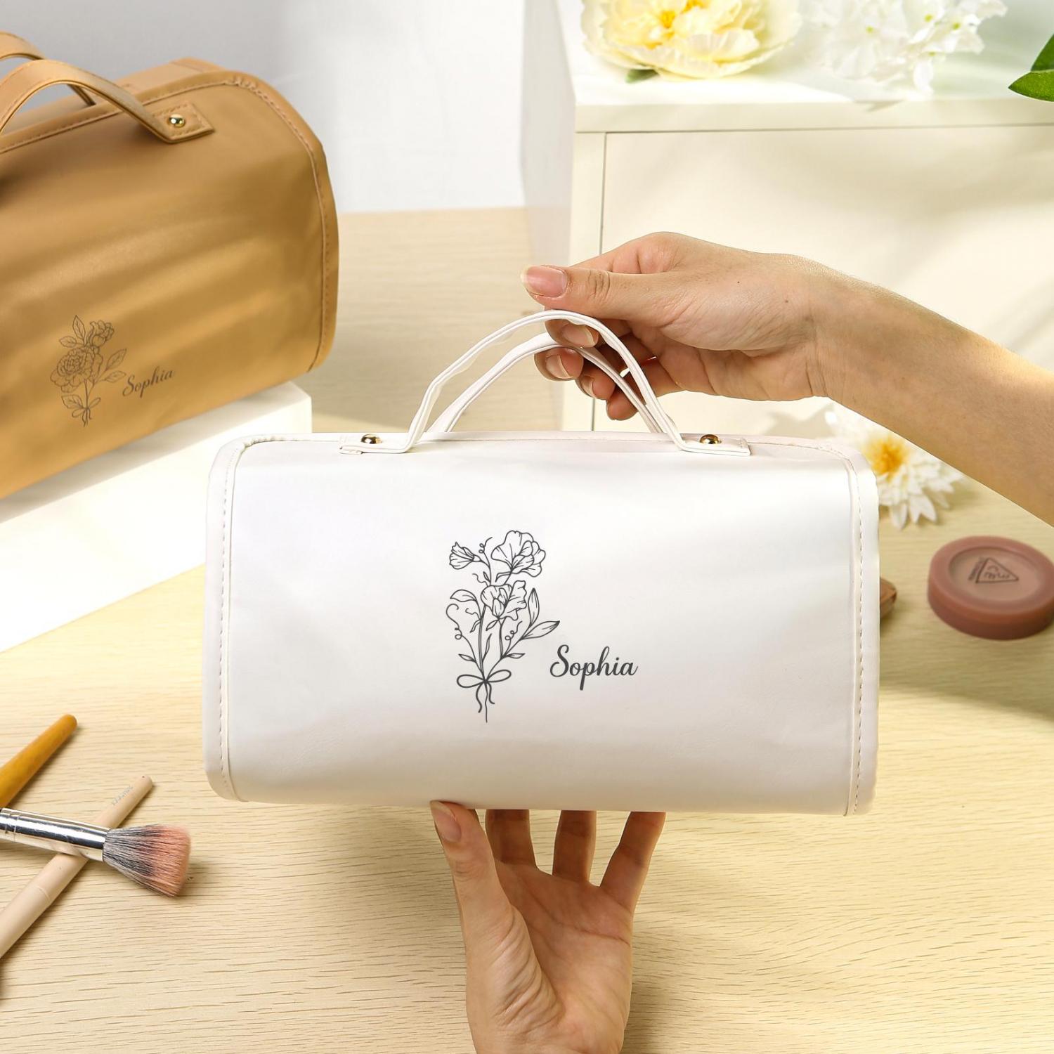 Custom Women's Travel Makeup Bag, Personalized PU Leather Cosmetic Bag with Name & Birth Flower,Foldable Hanging Toiletry Bag, Birthday Gift