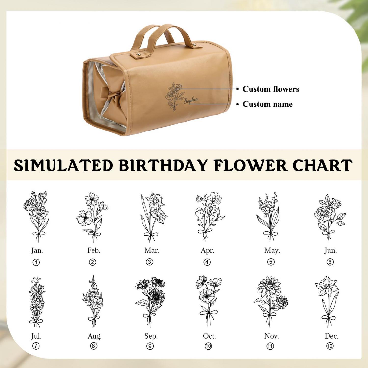 Custom Women's Travel Makeup Bag, Personalized PU Leather Cosmetic Bag with Name & Birth Flower,Foldable Hanging Toiletry Bag, Birthday Gift