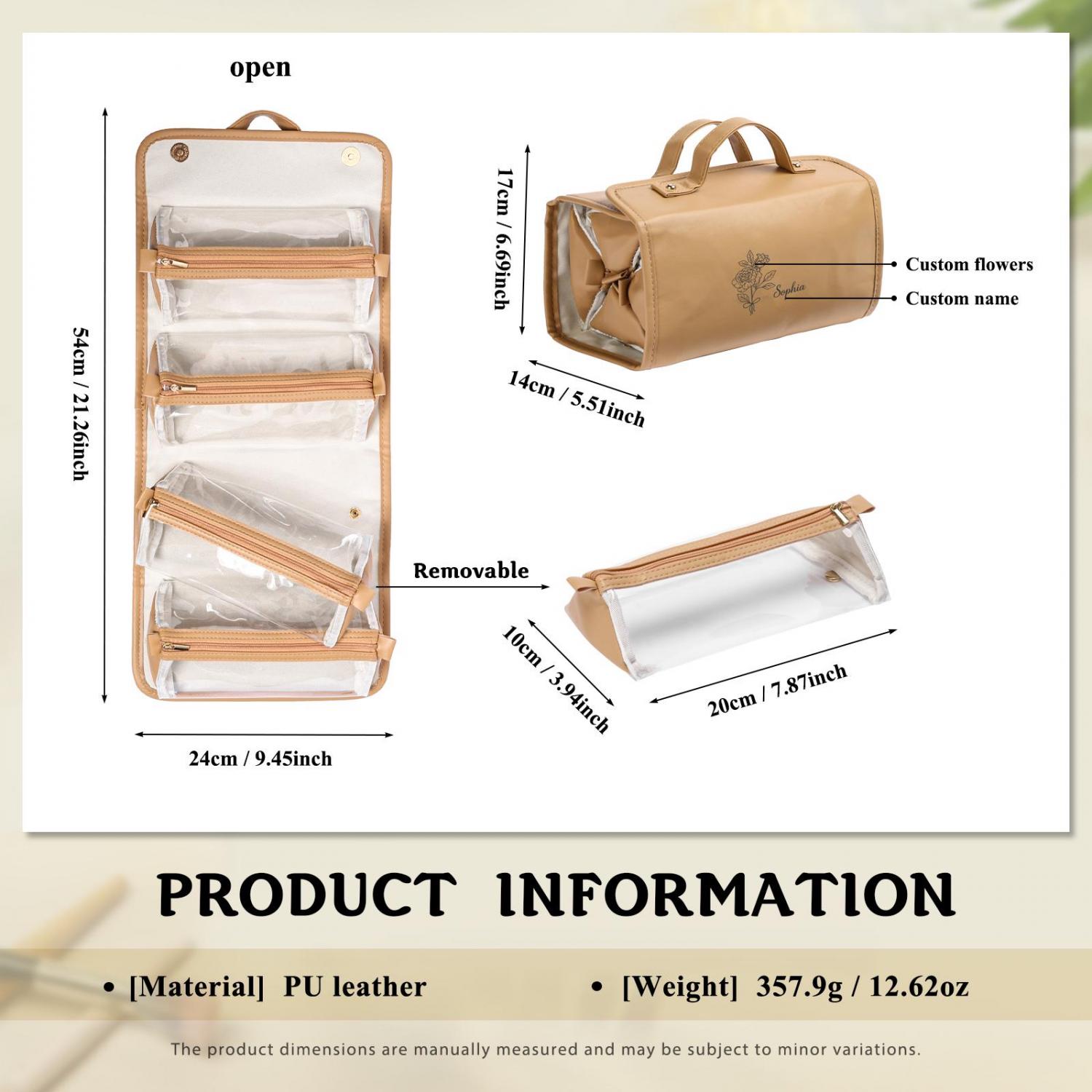 Custom Women's Travel Makeup Bag, Personalized PU Leather Cosmetic Bag with Name & Birth Flower,Foldable Hanging Toiletry Bag, Birthday Gift