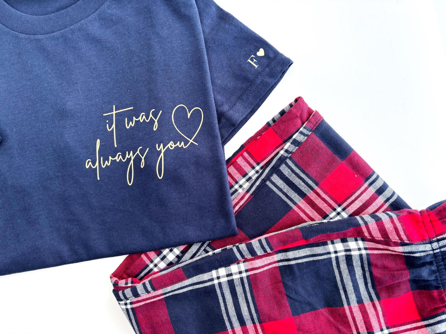 Personalised valentine couples pyjamas, His & Hers lounge wear, Matching PJ Set, Red Tartan, Couples Gift Anniversary/Wedding/Valentines