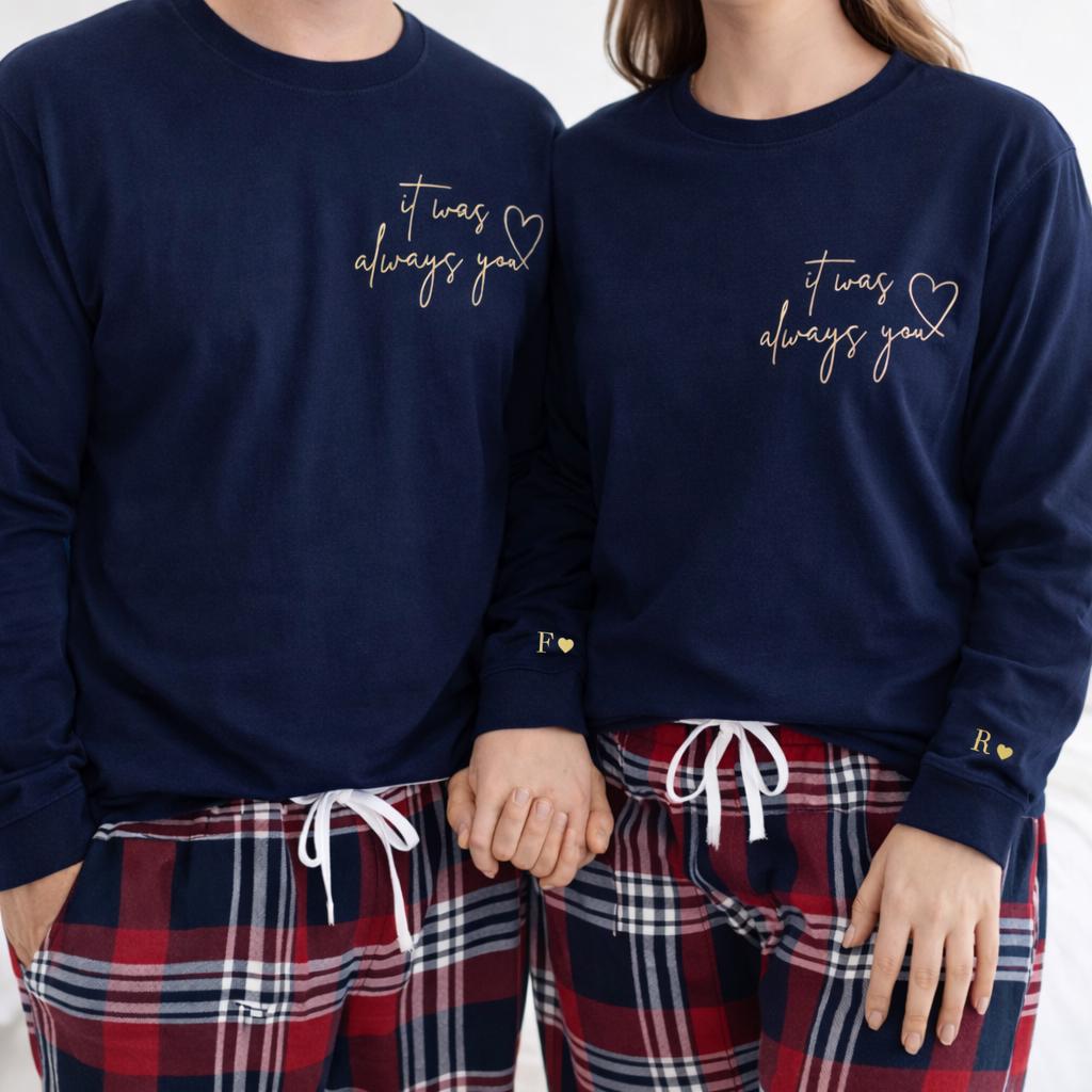 Personalised valentine couples pyjamas, His & Hers lounge wear, Matching PJ Set, Red Tartan, Couples Gift Anniversary/Wedding/Valentines