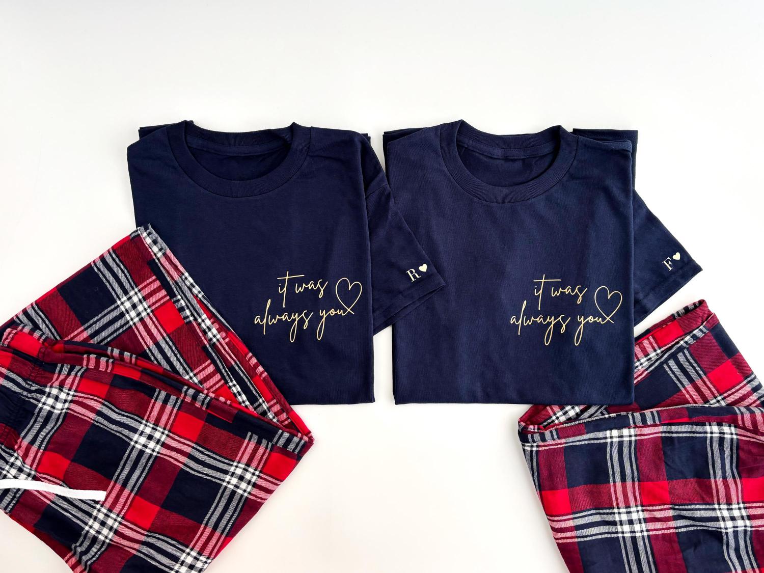 Personalised valentine couples pyjamas, His & Hers lounge wear, Matching PJ Set, Red Tartan, Couples Gift Anniversary/Wedding/Valentines
