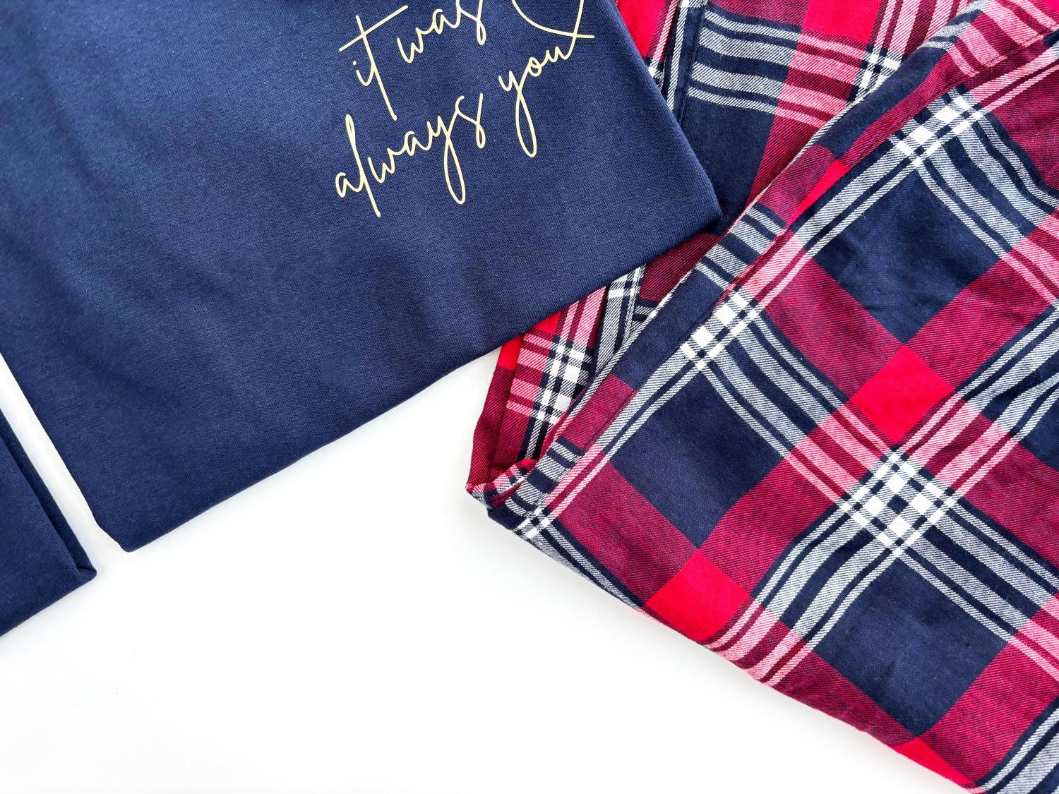 Personalised valentine couples pyjamas, His & Hers lounge wear, Matching PJ Set, Red Tartan, Couples Gift Anniversary/Wedding/Valentines