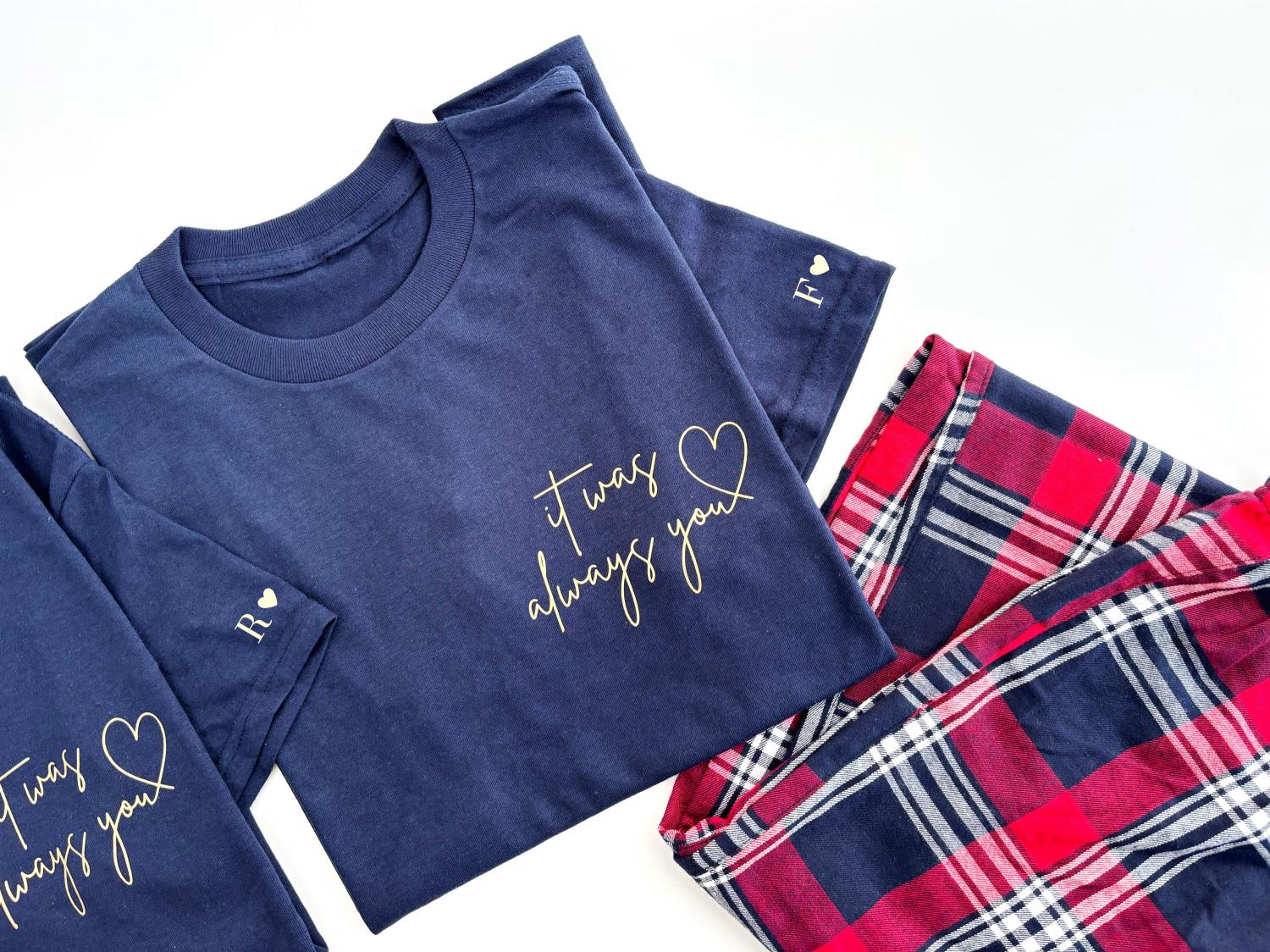 Personalised valentine couples pyjamas, His & Hers lounge wear, Matching PJ Set, Red Tartan, Couples Gift Anniversary/Wedding/Valentines