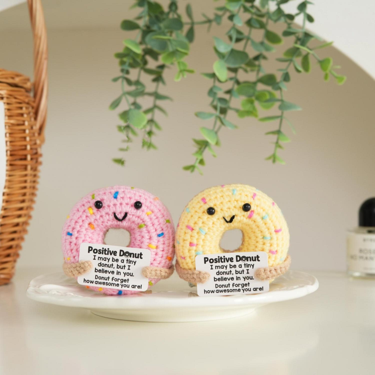 Handcrafted Knitted Donut with Custom Text, Positive Crochet Donut Gift for Kids, Nursery Decor, Coworker Gift, Pocket Hug, Whimsical Decor