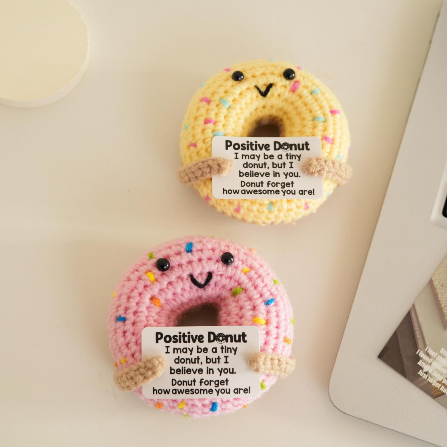 Handcrafted Knitted Donut with Custom Text, Positive Crochet Donut Gift for Kids, Nursery Decor, Coworker Gift, Pocket Hug, Whimsical Decor