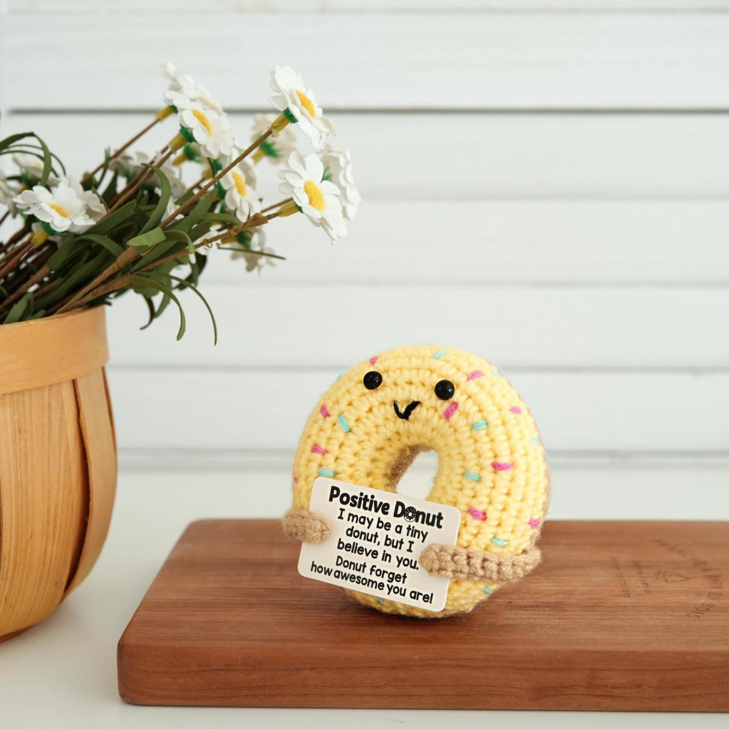 Handcrafted Knitted Donut with Custom Text, Positive Crochet Donut Gift for Kids, Nursery Decor, Coworker Gift, Pocket Hug, Whimsical Decor
