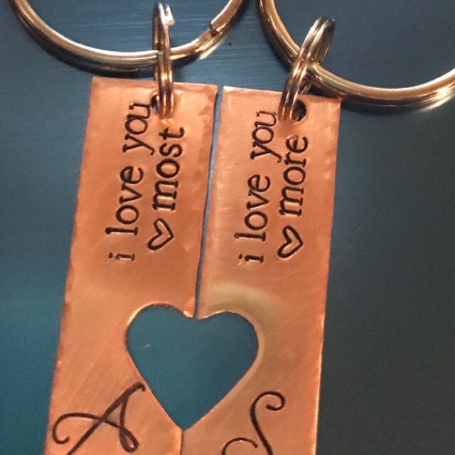 Personalized hand stamped couples keychain SET. Custom Anniversary gifts for him. Valentines girlfriend wife gift. Boyfriend husband gift.