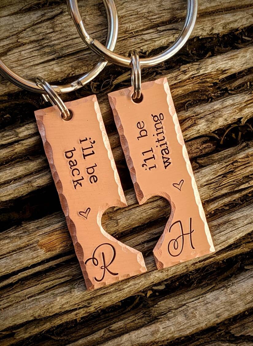 Personalized hand stamped couples keychain SET. Custom Anniversary gifts for him. Valentines girlfriend wife gift. Boyfriend husband gift.