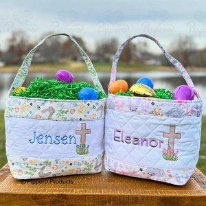 Personalized Religious Cross Quilted Easter Basket,  Customized Easter Basket, Kid's Easter Basket, Embroidered Basket