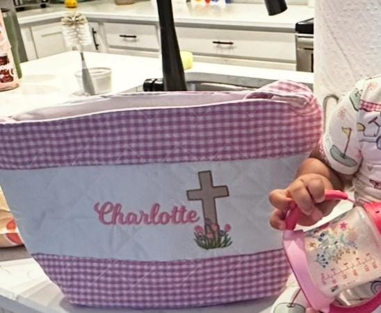 Personalized Religious Cross Quilted Easter Basket,  Customized Easter Basket, Kid's Easter Basket, Embroidered Basket