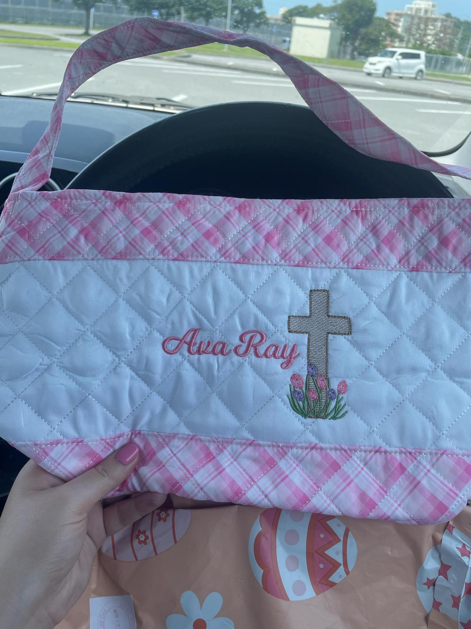 Personalized Religious Cross Quilted Easter Basket,  Customized Easter Basket, Kid's Easter Basket, Embroidered Basket