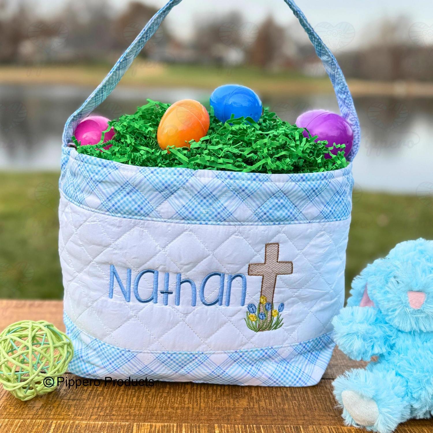 Personalized Religious Cross Quilted Easter Basket,  Customized Easter Basket, Kid's Easter Basket, Embroidered Basket