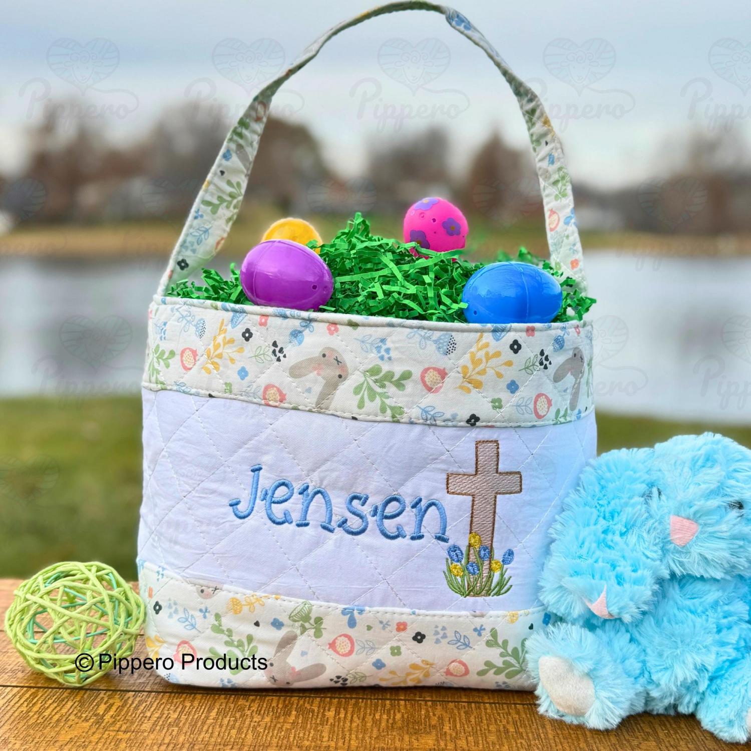 Personalized Religious Cross Quilted Easter Basket,  Customized Easter Basket, Kid's Easter Basket, Embroidered Basket