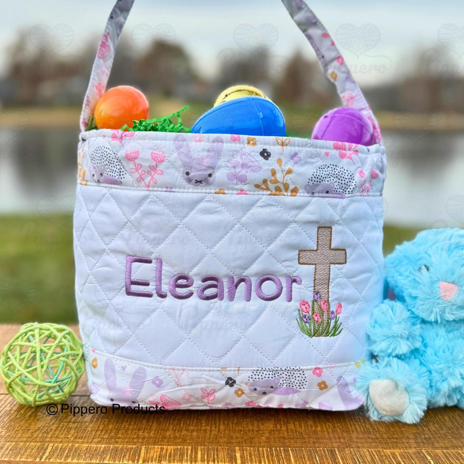 Personalized Religious Cross Quilted Easter Basket,  Customized Easter Basket, Kid's Easter Basket, Embroidered Basket