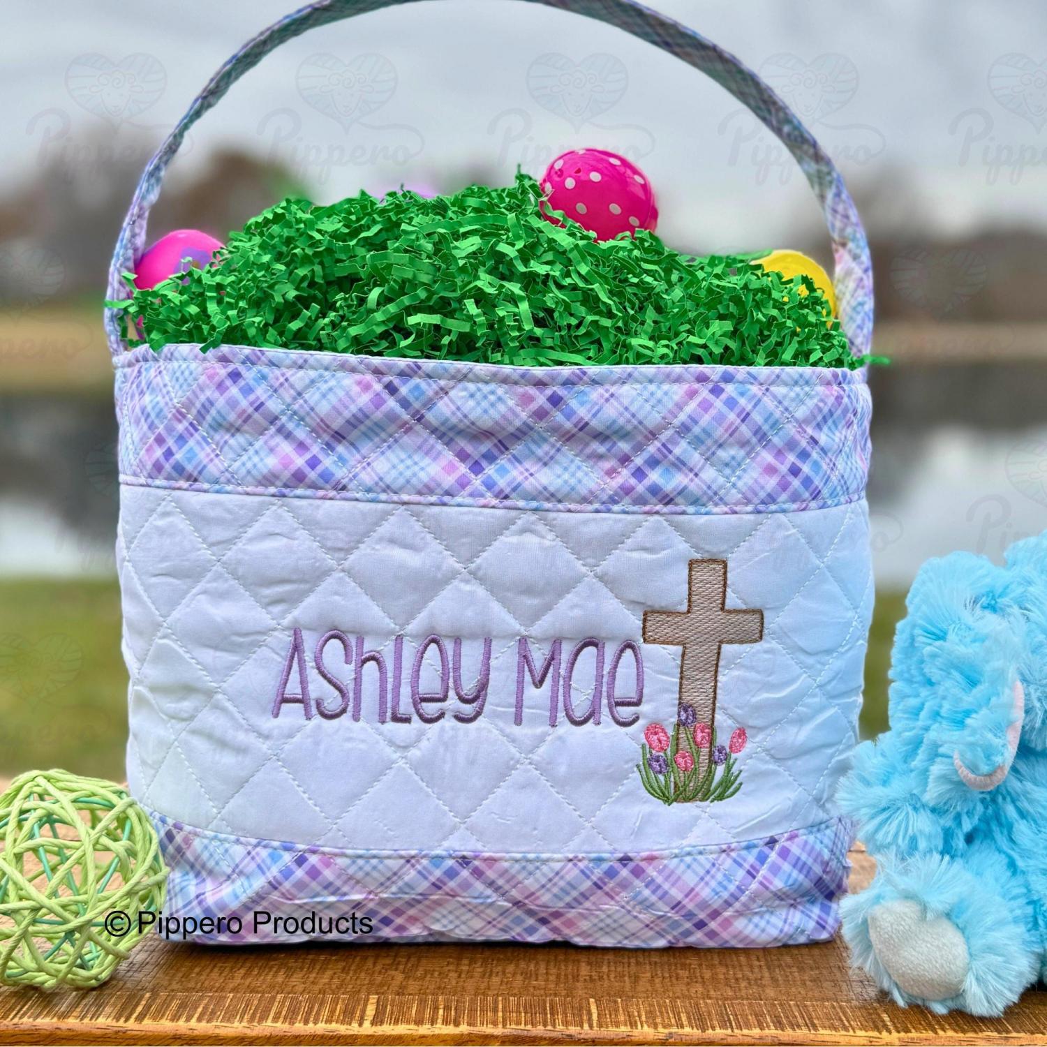 Personalized Religious Cross Quilted Easter Basket,  Customized Easter Basket, Kid's Easter Basket, Embroidered Basket