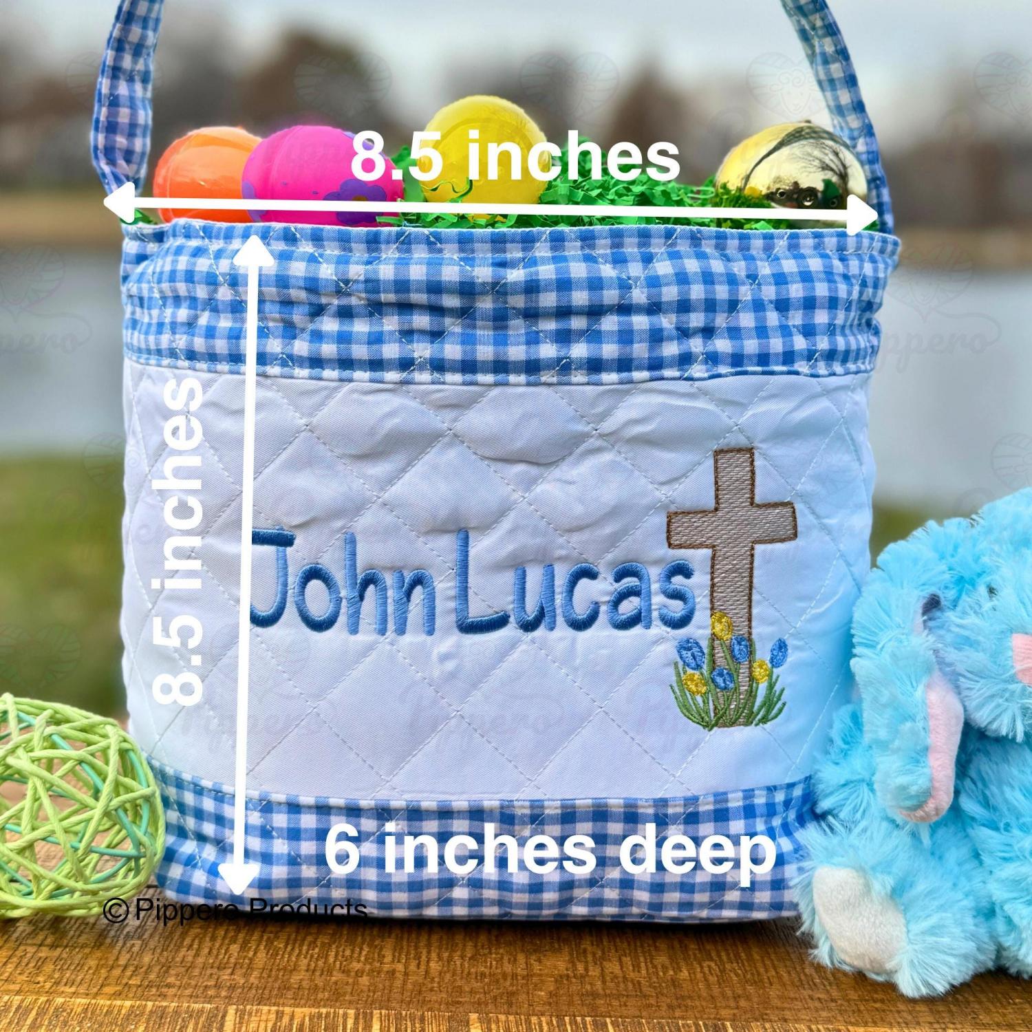 Personalized Religious Cross Quilted Easter Basket,  Customized Easter Basket, Kid's Easter Basket, Embroidered Basket