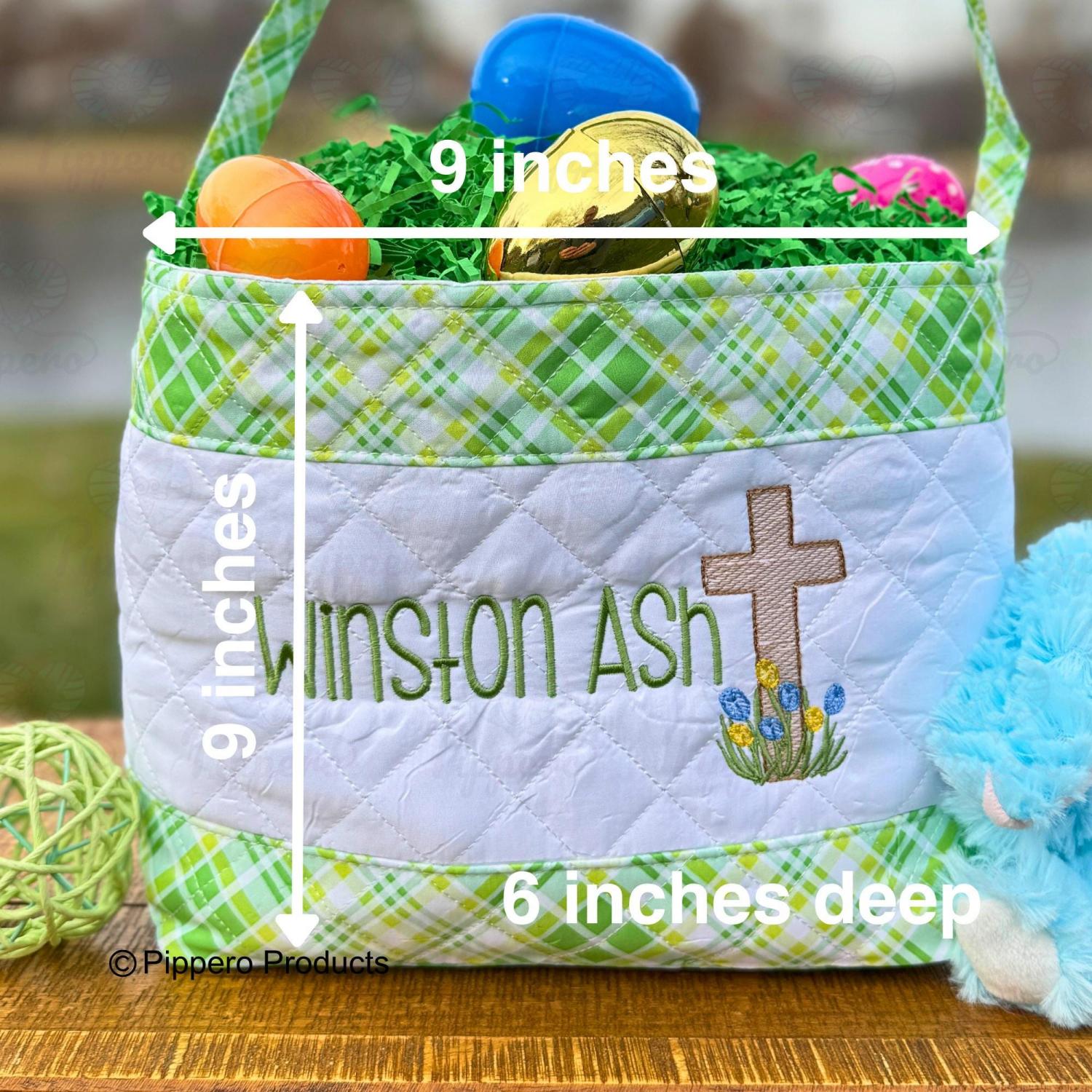 Personalized Religious Cross Quilted Easter Basket,  Customized Easter Basket, Kid's Easter Basket, Embroidered Basket