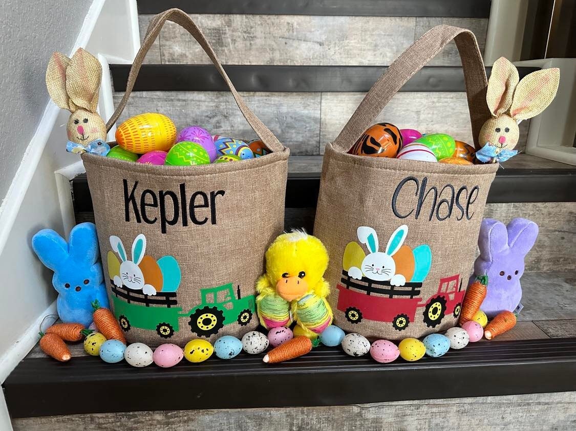 Tractor Easter Basket, personalized easter basket, embroidered easter basket, boys easter basket, bunny tractor easter basket, bunny basket