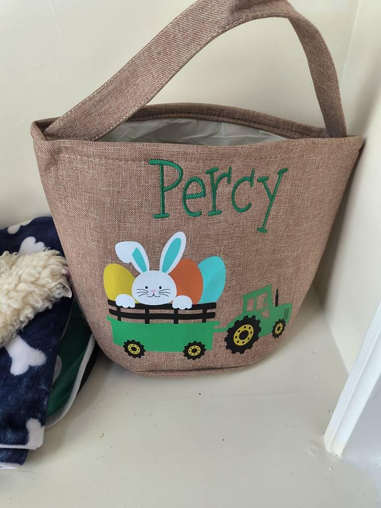 Tractor Easter Basket, personalized easter basket, embroidered easter basket, boys easter basket, bunny tractor easter basket, bunny basket
