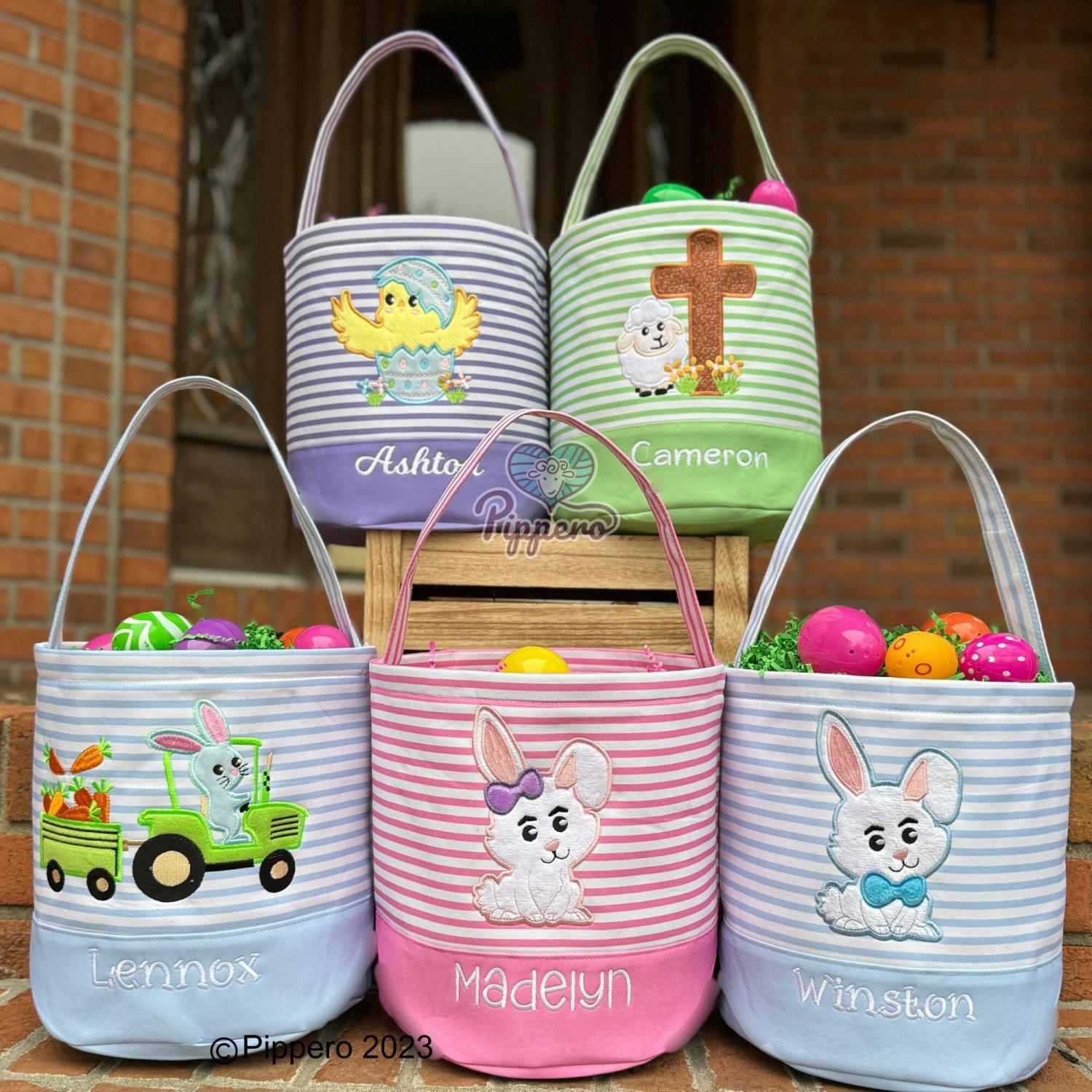 Personalized Embroidered Easter Basket with Adorable Custom Design Bunny Cross Lamb Chick Egg Appliqué Characters Gift for Boy Gift for Girl