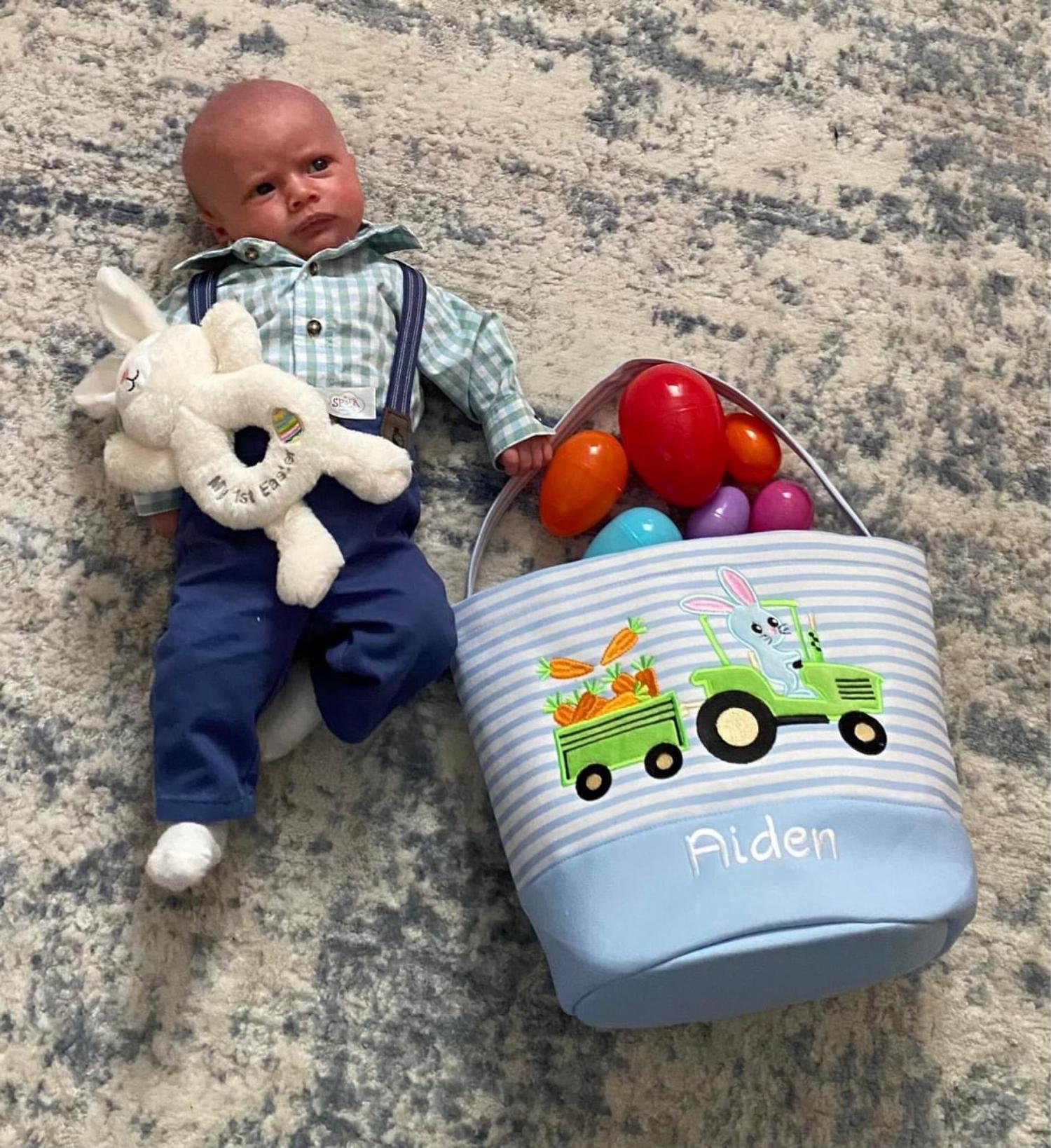 Personalized Embroidered Easter Basket with Adorable Custom Design Bunny Cross Lamb Chick Egg Appliqué Characters Gift for Boy Gift for Girl