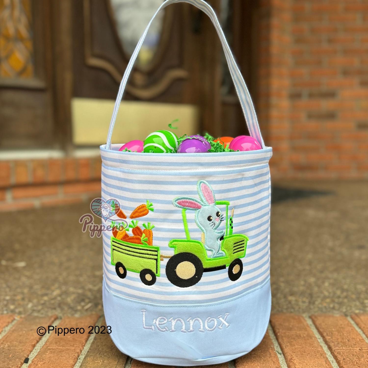 Personalized Embroidered Easter Basket with Adorable Custom Design Bunny Cross Lamb Chick Egg Appliqué Characters Gift for Boy Gift for Girl