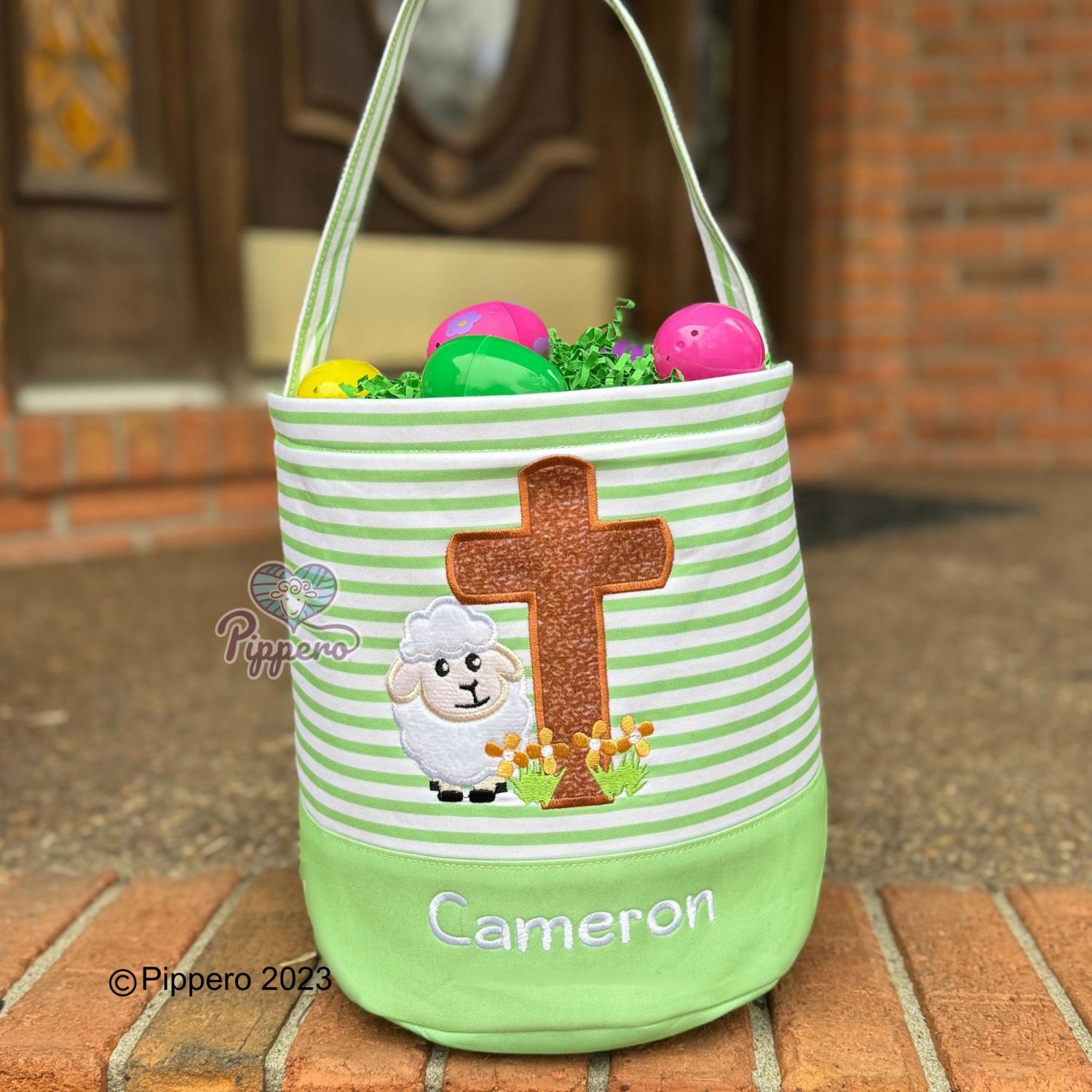 Personalized Embroidered Easter Basket with Adorable Custom Design Bunny Cross Lamb Chick Egg Appliqué Characters Gift for Boy Gift for Girl