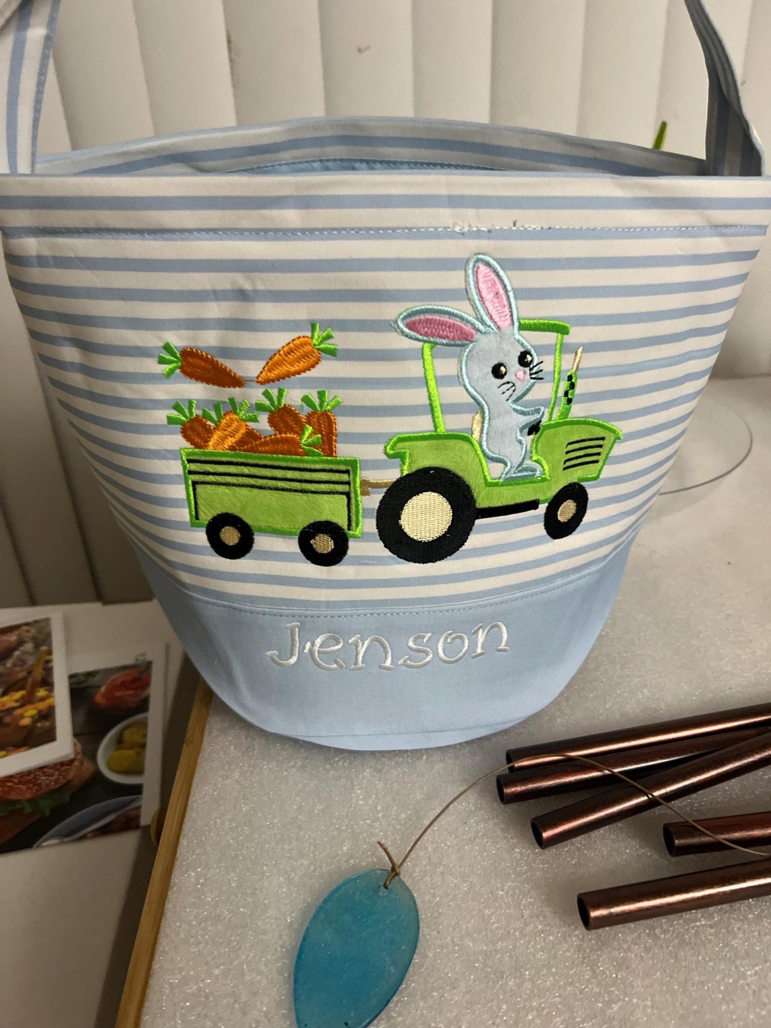 Personalized Embroidered Easter Basket with Adorable Custom Design Bunny Cross Lamb Chick Egg Appliqué Characters Gift for Boy Gift for Girl