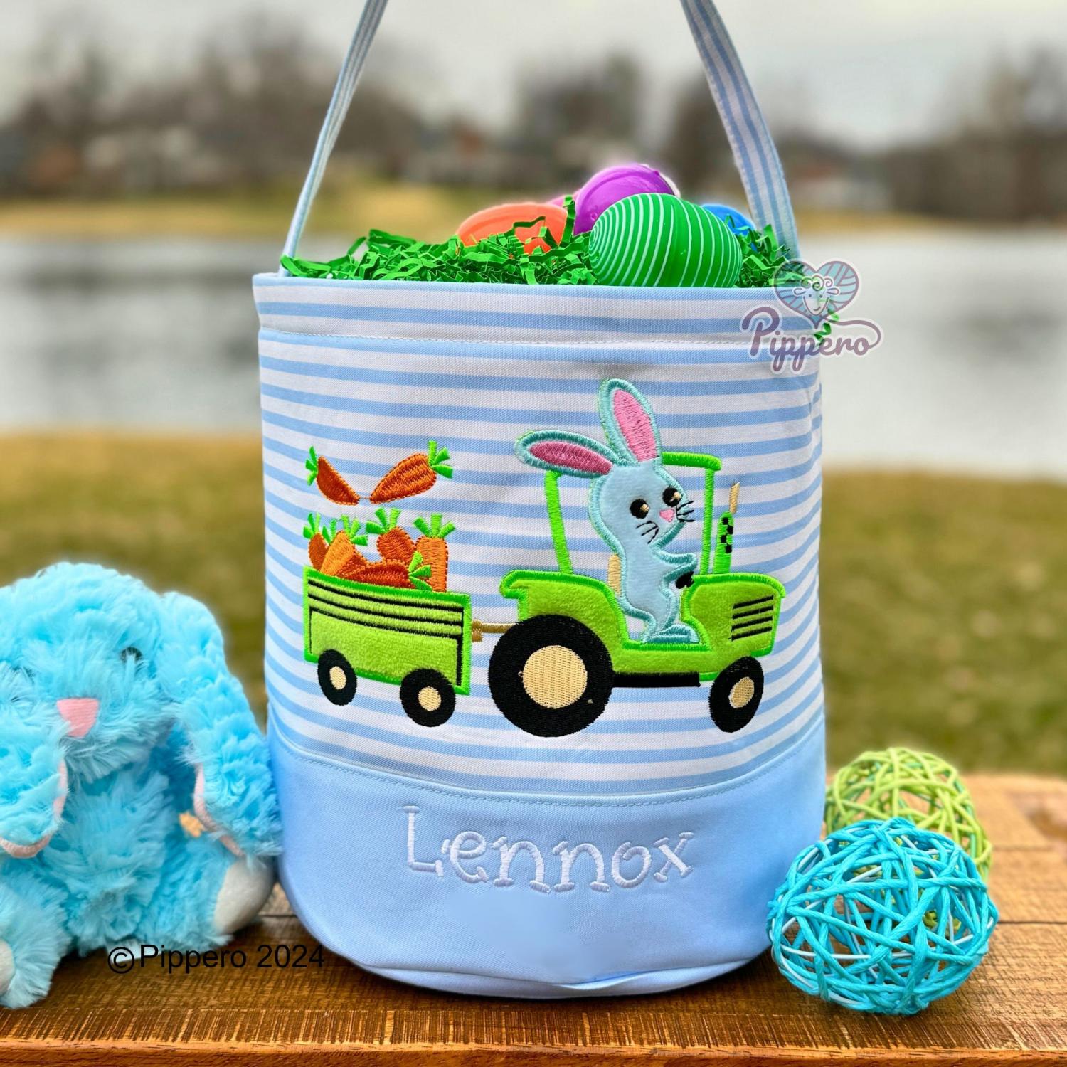 Personalized Easter Basket, Customized Easter Basket, Kid's Easter Basket, Embroidered Easter Basket, Christian Easter Basket, Tractor Bunny